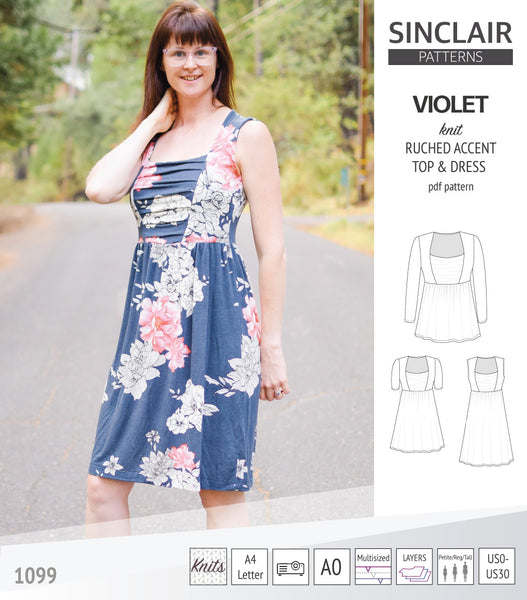 Violet ruched accent top, tunic and dress for knit fabrics pdf sewing ...