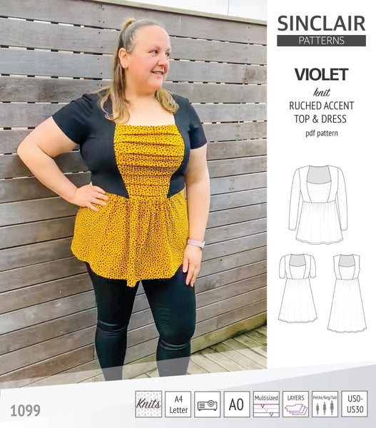 Violet ruched accent top, tunic and dress for knit fabrics pdf sewing ...
