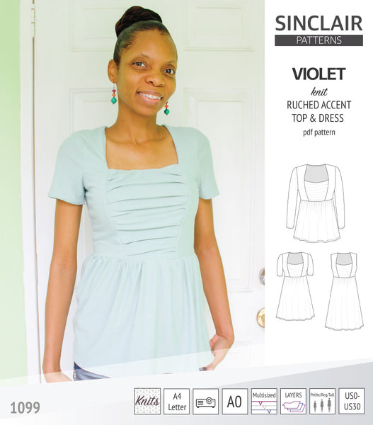 Violet ruched accent top, tunic and dress for knit fabrics pdf sewing  pattern - Sinclair Patterns