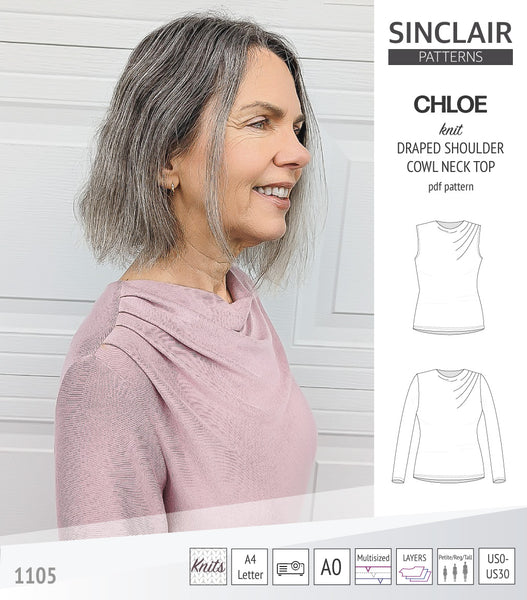 Chloe draped shoulder top with a high cowl neck (PDF) - Sinclair Patterns