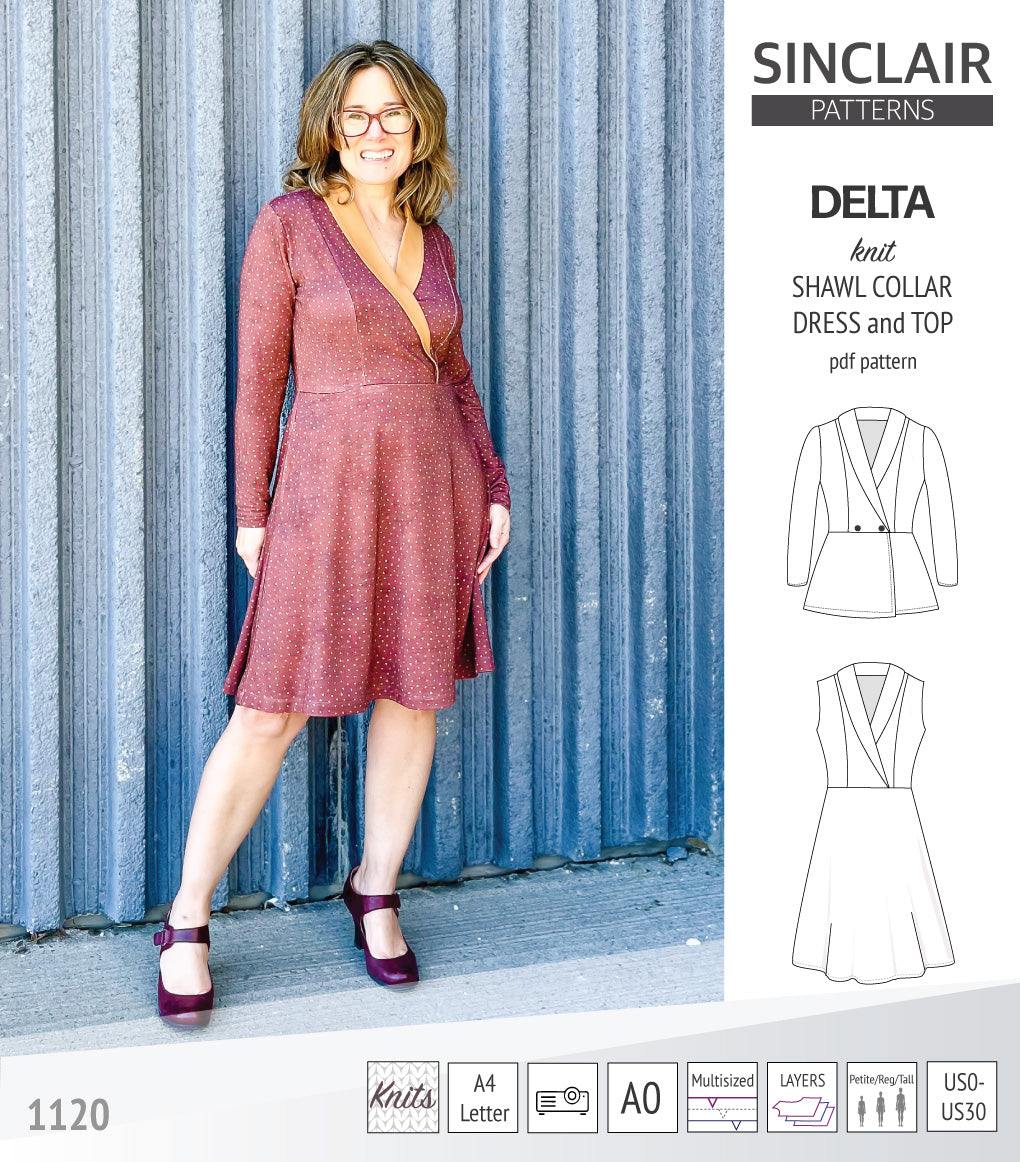 Delta knit shawl collar dress and top with princess seams (PDF) Sinclair Patterns Delta knit shawl collar dress and top with princess seams (PDF) Sinclair Patterns