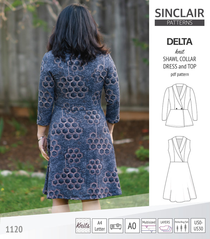Delta knit shawl collar dress and top with princess seams (PDF ...
