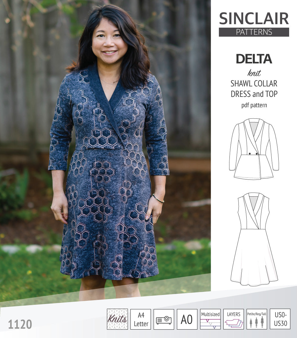 Delta knit shawl collar dress and top with princess seams (PDF) Delta knit shawl collar dress and top with princess seams (PDF)