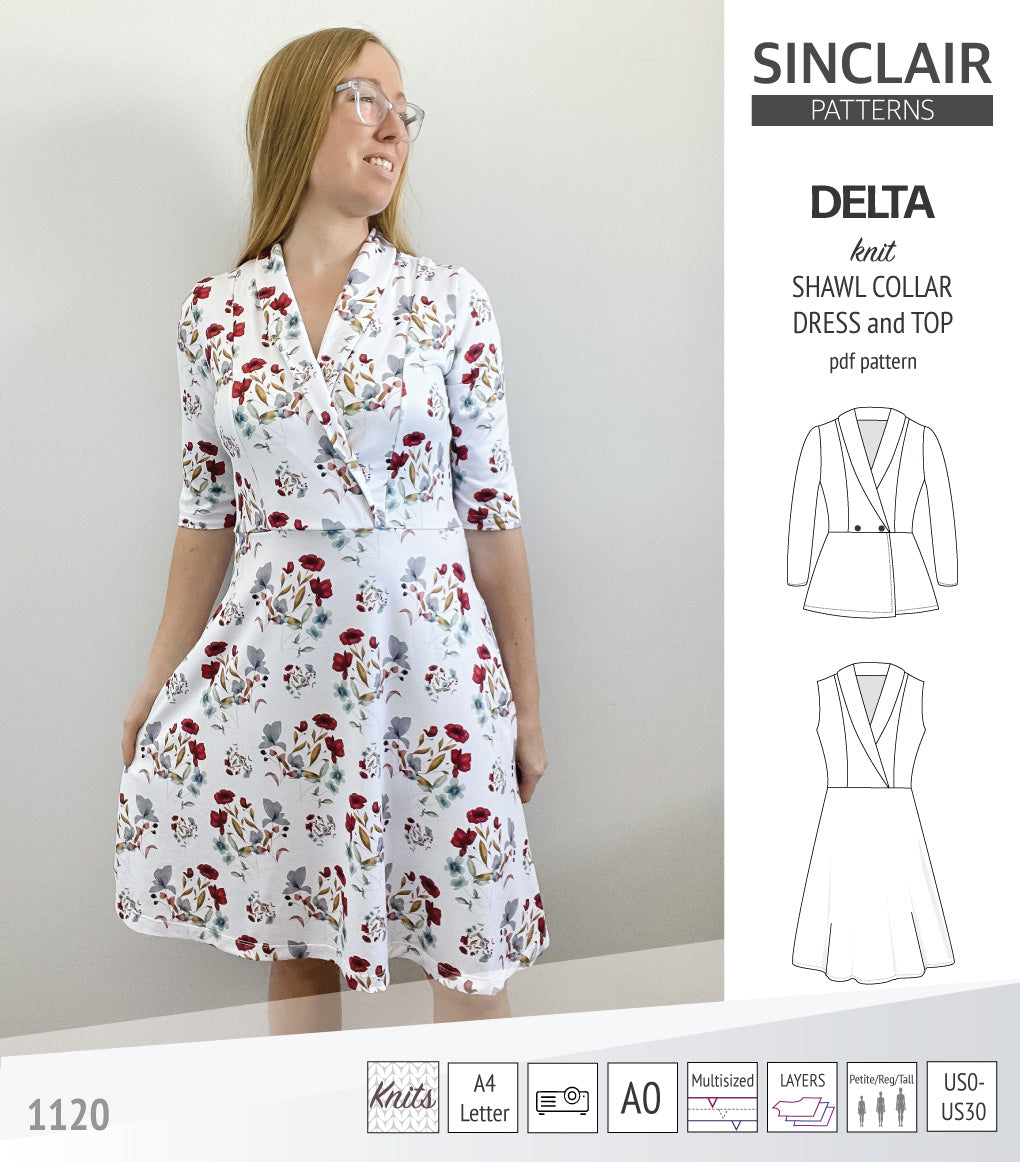 Delta knit shawl collar dress and top with princess seams (PDF) Delta knit shawl collar dress and top with princess seams (PDF)