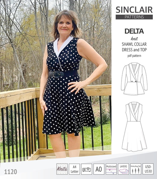 Delta knit shawl collar dress and top with princess seams (PDF ...
