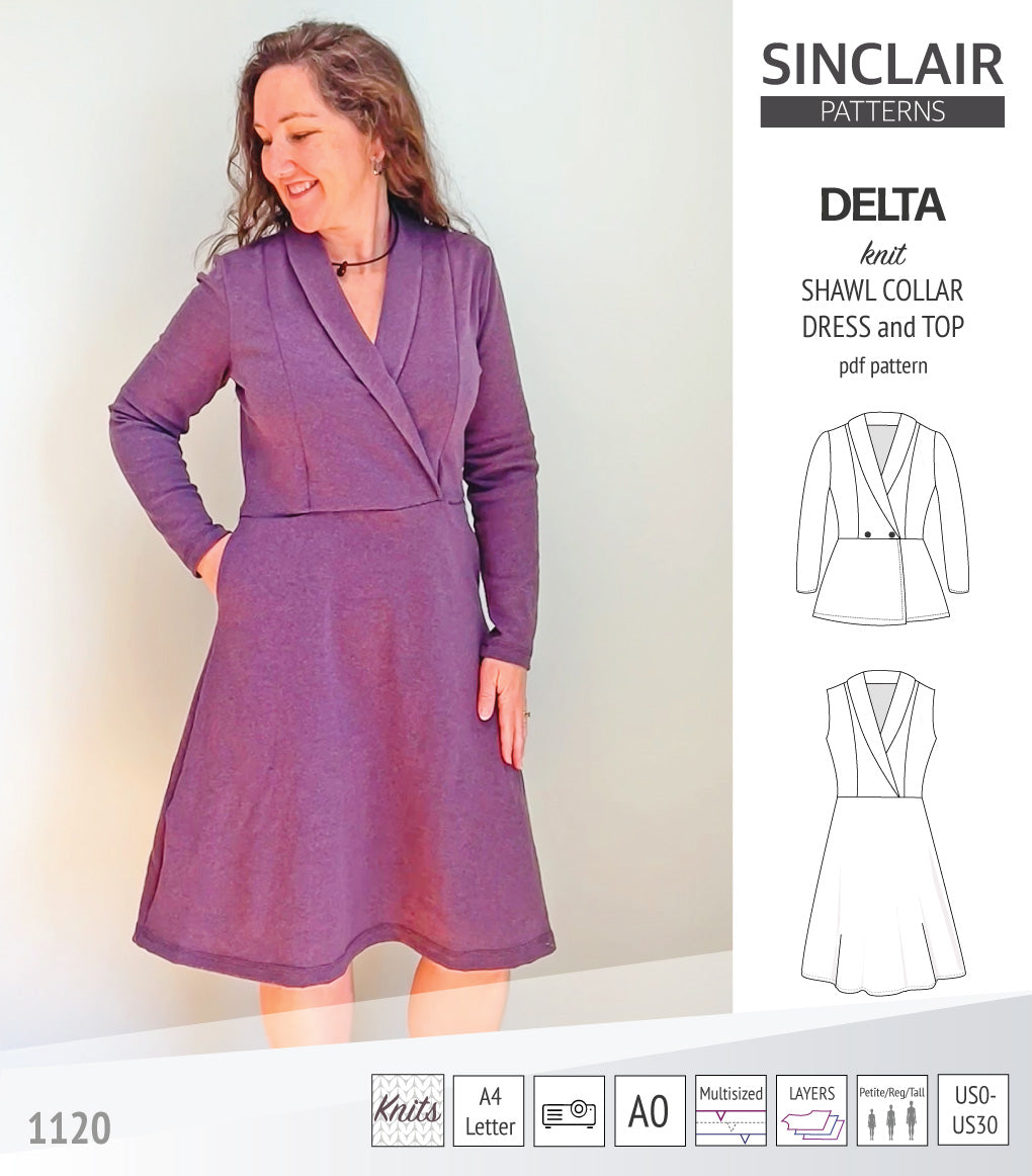 Delta knit shawl collar dress and top with princess seams (PDF) Delta knit shawl collar dress and top with princess seams (PDF)