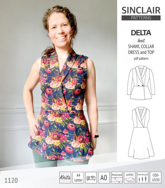 Delta knit shawl collar dress and top with princess seams (PDF