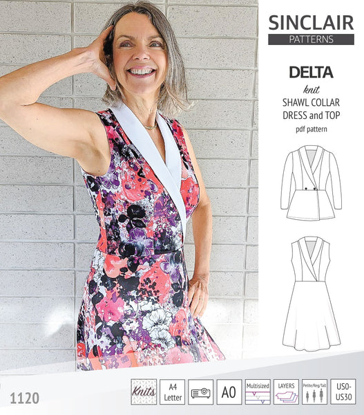 Delta knit shawl collar dress and top with princess seams (PDF ...