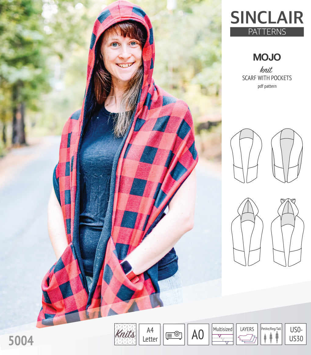 Mojo knit/woven scarf with a hood, a cape, pockets and ears