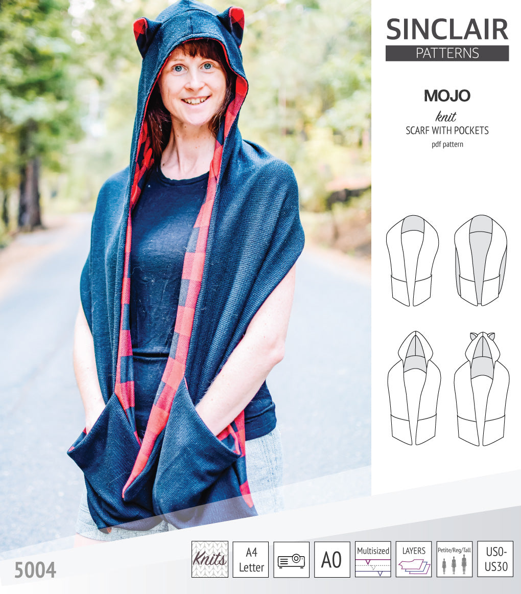 Mojo knit/woven scarf with a hood, a cape, pockets and ears (PDF