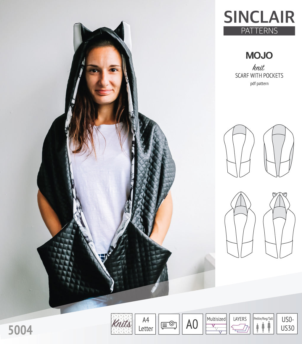 Mojo knit/woven scarf with a hood, a cape, pockets and ears (PDF ...