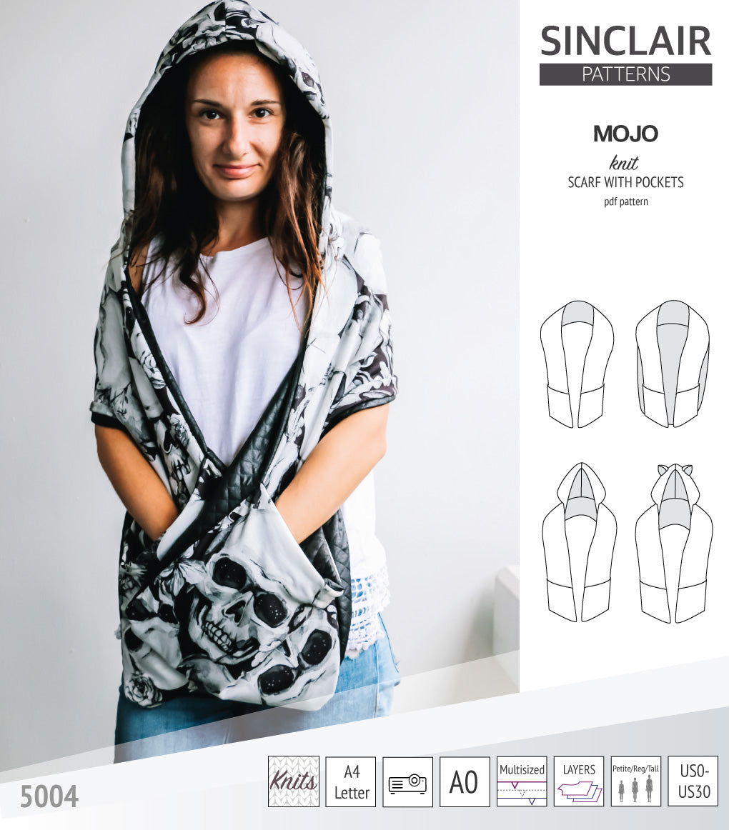 Mojo knit/woven scarf with a hood, a cape, pockets and ears (PDF ...