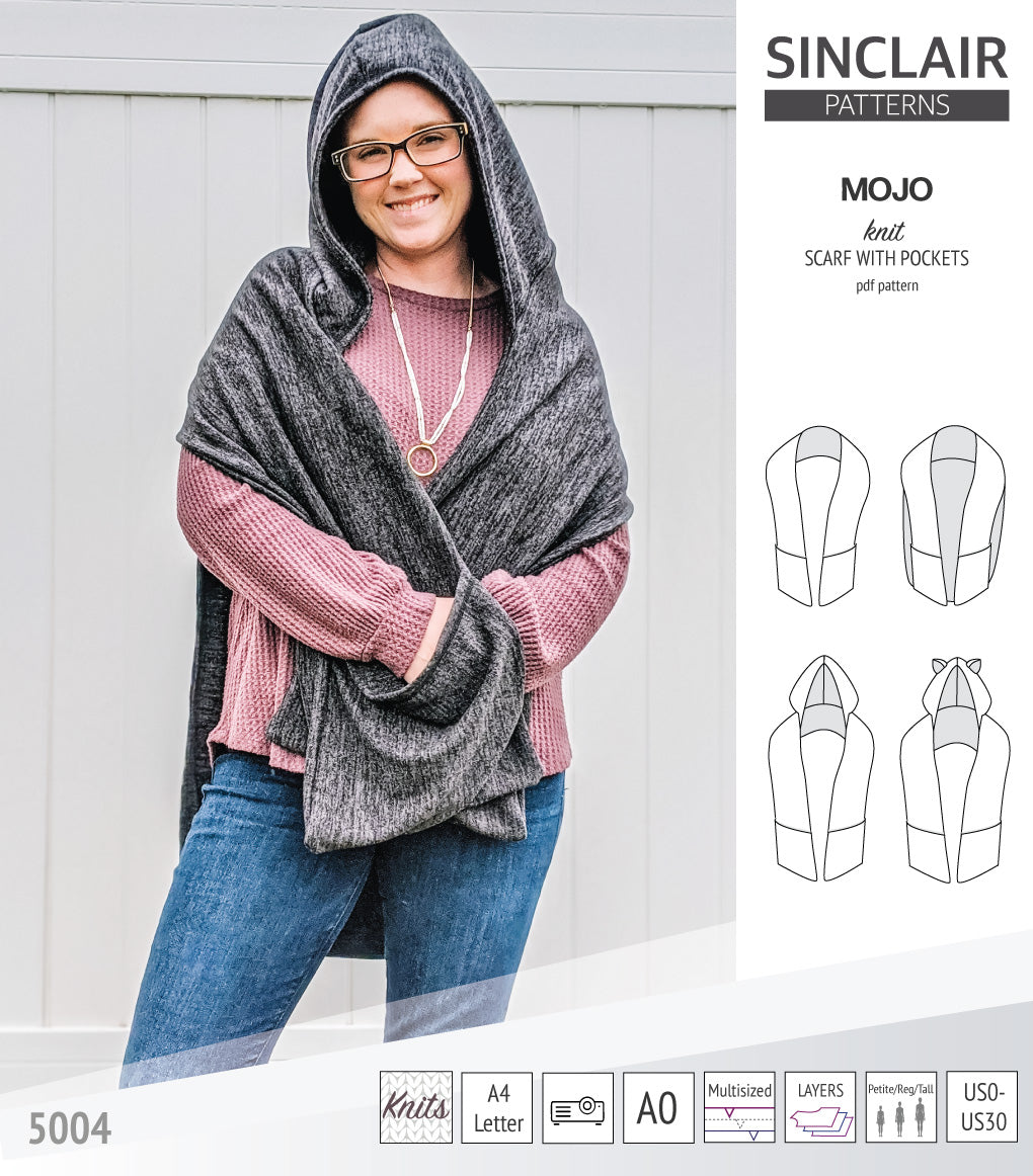 Mojo knit/woven scarf with a hood, a cape, pockets and ears