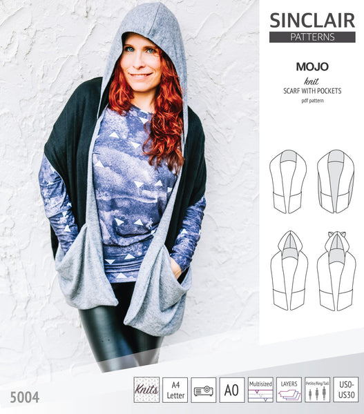 Mojo knit/woven scarf with a hood, a cape, pockets and ears (PDF) - FR -  Sinclair Patterns