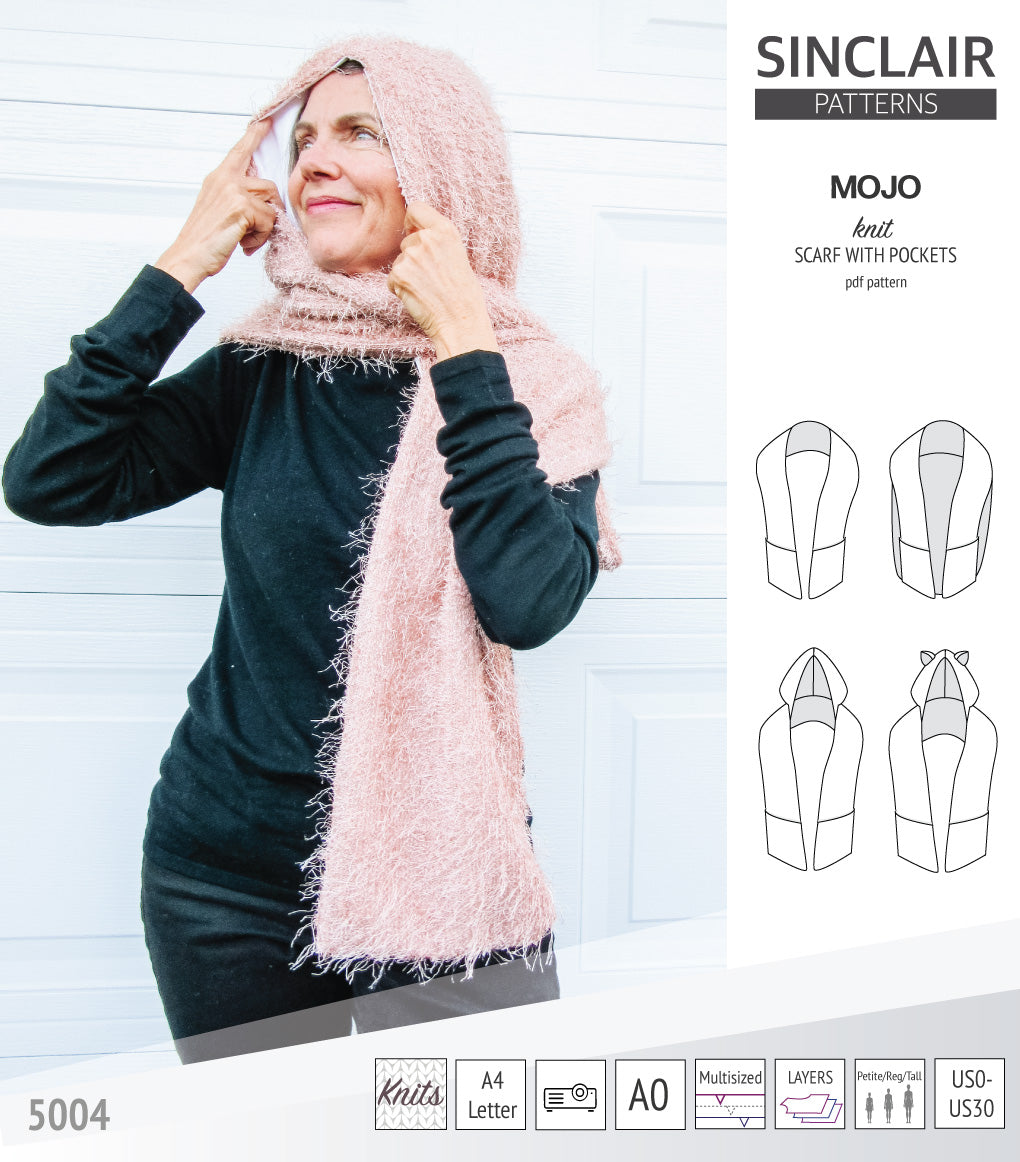 Mojo knit/woven scarf with a hood, a cape, pockets and ears