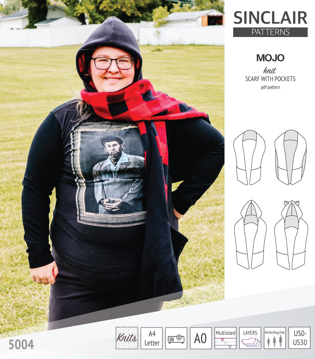 Mojo knit/woven scarf with a hood, a cape, pockets and ears