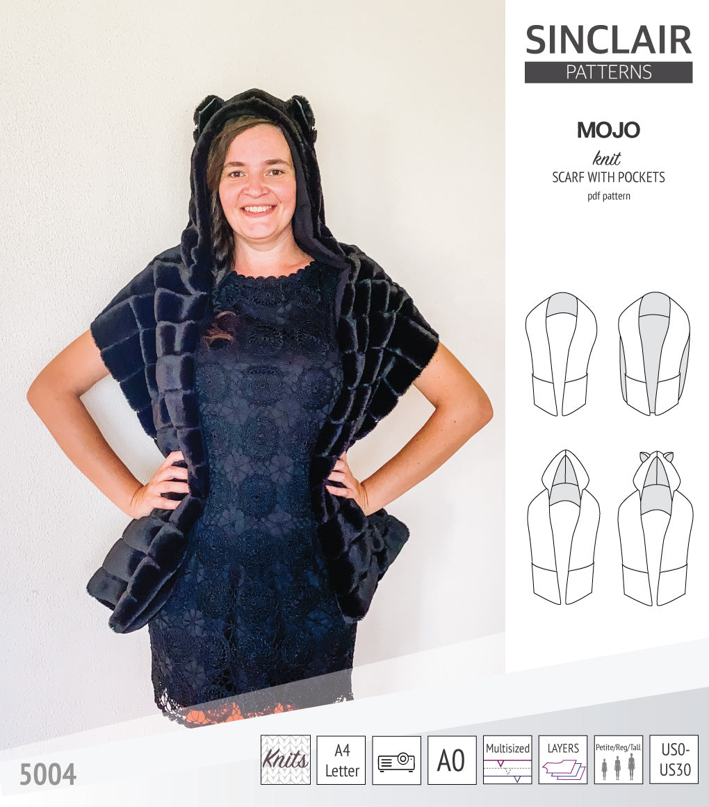 Mojo knit/woven scarf with a hood, a cape, pockets and ears (PDF ...