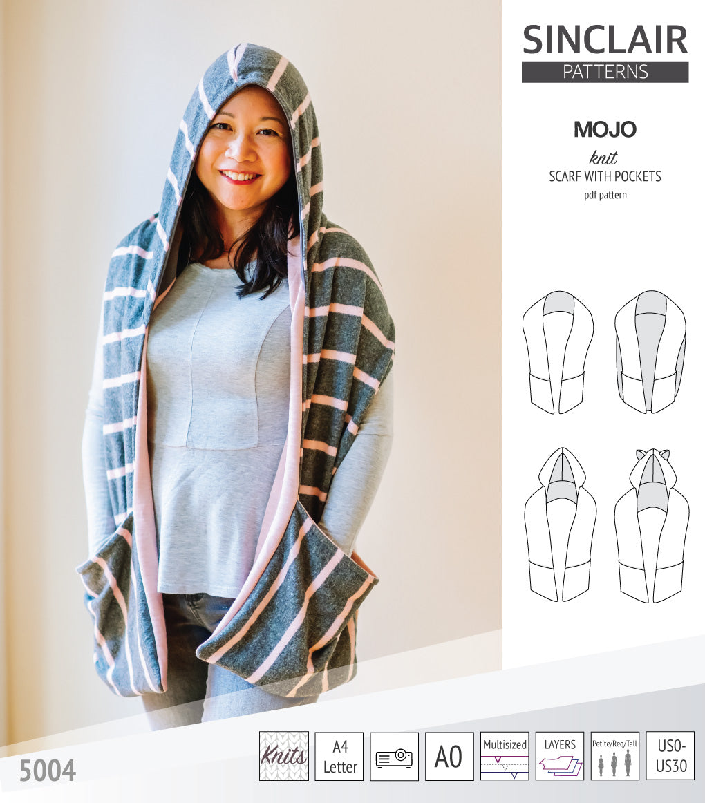 Mojo knit/woven scarf with a hood, a cape, pockets and ears (PDF