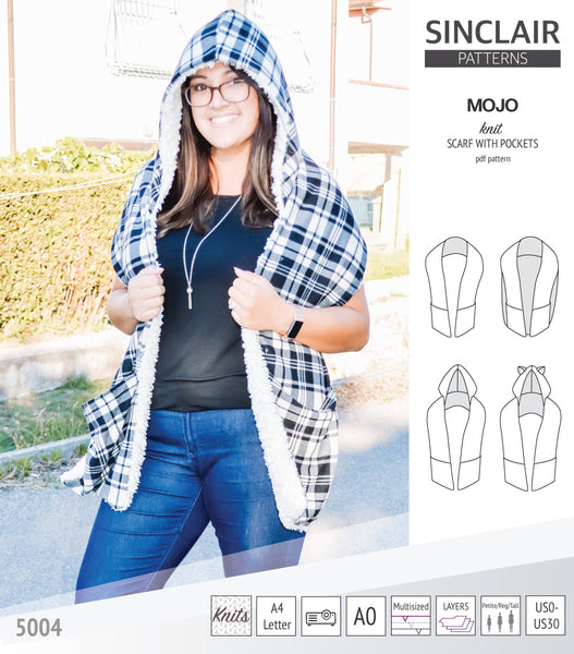 Mojo knit/woven scarf with a hood, a cape, pockets and ears (PDF) - FR -  Sinclair Patterns