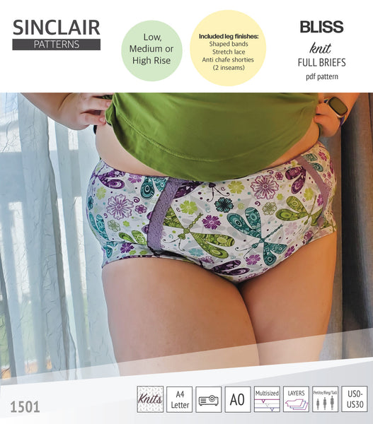 Bliss full briefs with low, medium and high rise options and anti chafe  shorties pdf sewing pattern for women (PDF) - Sinclair Patterns