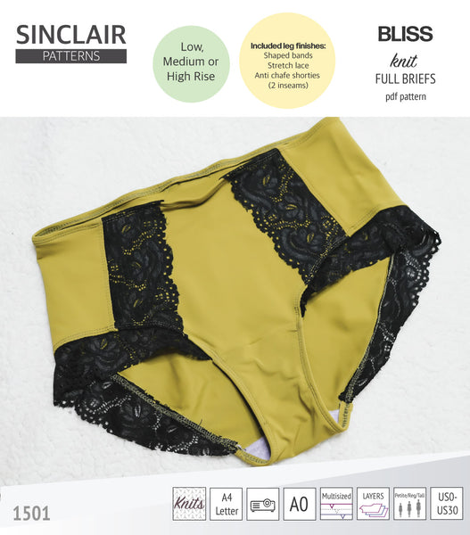 Bliss full briefs with low, medium and high rise options and anti chafe  shorties pdf sewing pattern for women (PDF) - Sinclair Patterns
